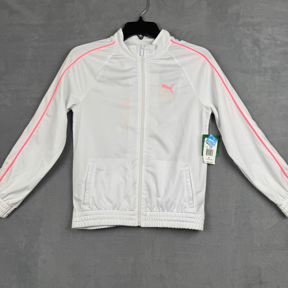 Puma Kids White Track Jacket Neon Pink Logo XL 16 Full Zip‎ 85735201 W